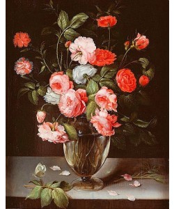 Ambrosius Brueghel, Rosen und Nelken in einer Glasvase auf einem Sims.