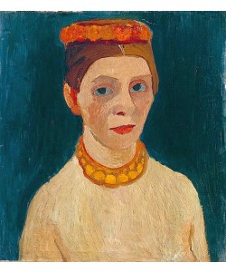 Paula Modersohn-Becker, Selbstbildnis mit rotem Blütenkranz und Kette.