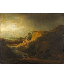 Rembrandt van Rijn (Werkstatt), Landschaft mit der Taufe des Kämmerers. 1640