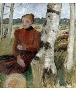 Paula Modersohn-Becker, Mädchen am Birkenstamm ruhend, Schafherde im Hintergrund. 1903