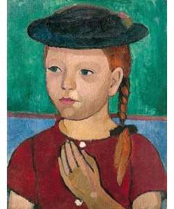 Paula Modersohn-Becker, Brustbild eines Mädchens mit braunem Kleid und schwarzem Hut. 1907