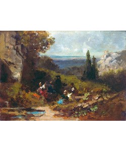 Carl Spitzweg, Wanderer in Landschaft mit Burgruine.