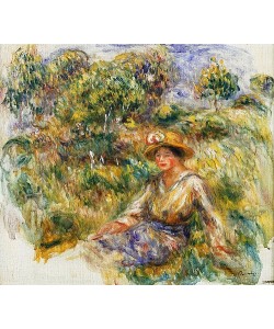 Pierre-Auguste Renoir, Frau mit blauem Hut auf einer Wiese (Femme en bleu en chapeau assise sur l'herbe). Um 1916