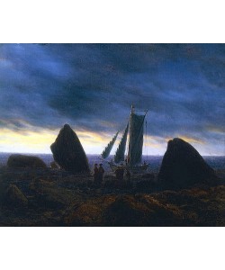 Caspar David Friedrich, Fischerboot zwischen Findlingen am Ostseestrand.