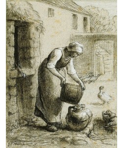 Jean-François Millet, Eine Frau gießt Wasser in Milchkannen (auch bekannt als Frau am Brunnen). Um 1854-57