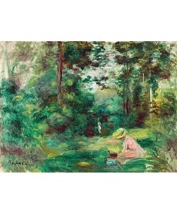 Pierre-Auguste Renoir, Lesende Frau auf einer Lichtung (Femme lisant dans une clairière (Paysage, petite femme en rose au premier plan)). Um 1895