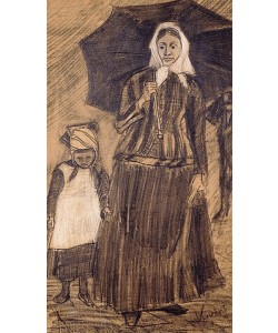 Vincent van Gogh, Sien unter einem Schirm mit einem Mädchen. 1882 (Clasina Hoornik, genannt Sien, war eine ledige Mutter eines 5-jährigen Kindes, mit der der Künstler einige Zeit lebte. Dieses ist eines der ersten Bilder, das van Gogh von ihr fertigte.)