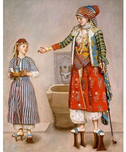 Jean-Étienne Liotard, Eine Frau in einer türkischen Tracht gibt in einem Hamam Anweisungen an ihre Dienerin.