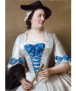 Jean-Étienne Liotard, Porträt von Lady Tyrrell in einem weißen Seidenkleid mit moirierten Schleifen.