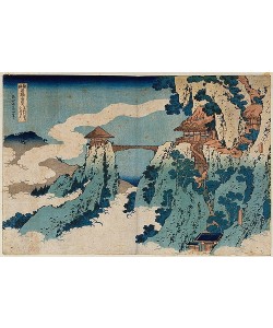 Katsushika Hokusai, Hängebrücke am Berg Gyodo, Ashikaga. Aus der Serie 'Seltene Ansichten von berühmten japanischen Brücken'. Um 1834