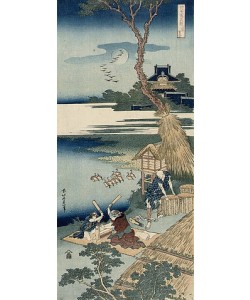 Katsushika Hokusai, Ariwara no narihira. Aus der Serien 'Shika Shashin Kyo'. (Eine Bauernfamilie schlägt im Mondlicht die Wäsche.)