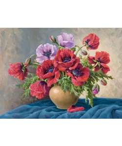 E. Krüger, RED POPPIES ON BLUE CLOTH