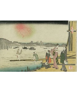 Katsushika Hokusai, Ryogoku Yusuzumi (Ein kühler Abend in Ryogoku). (Zwei Kurtisanen schauen am Ufer des Flusses Sumida einem Feuerwerk zu.)
