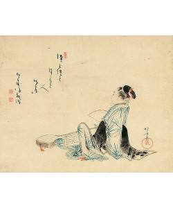 Katsushika Hokusai, Eine Schönheit wartet auf ihren Liebhaber. Das Gedicht geschrieben von Hakujubo. Edo-Zeit, um 1800-05