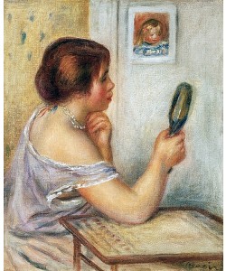Pierre-Auguste Renoir, Gabrielle einen Spiegel haltend oder Marie Dupuis einen Spiegel haltend mit einem Porträt von Coco. (Ursprünglich hielt man das Modell für Gabrielle Renard, inzwischen eher für Marie Dupuis, beide lebten in Renoirs Haushalt. Coco is