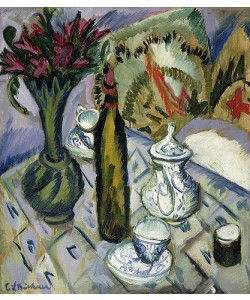 Ernst Ludwig Kirchner, Teekanne, Flasche und rote Blumen. 1912