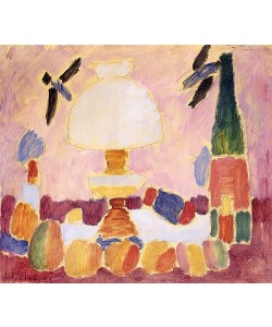 Alexej von Jawlensky, Petroleumlampe und Flasche vor Schwalbentapete.