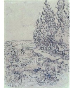 Vincent van Gogh, Paysage avec cyprès. Landschaft mit Zypressen und vier Landarbeitern. 1889