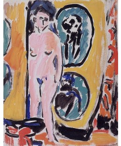 Ernst Ludwig Kirchner, Nacktes Mädchen vor gemustertem Vorhang. Um 1908