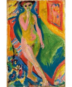 Ernst Ludwig Kirchner, Nacktes Mädchen vor grünem Sofa. 1908