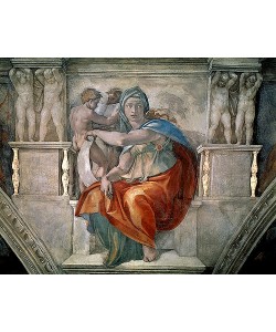 MICHELANGELO BUONARROTI, Deckenfresko der Sixtinischen Kapelle. Detail: Delphische Sibylle. 1508-1512. Zustand vor der Restaurierung.