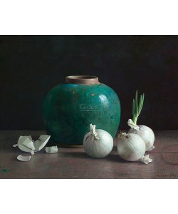Henk Helmantel, Gingerpot and white onions on dark background