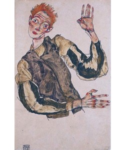 Egon Schiele, Selbstdarstellung mit gestreiften Ämelschonern. 1915