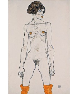 Egon Schiele, Stehendes nacktes Mädchen mit orangefarbenen Strümpfen. 1914