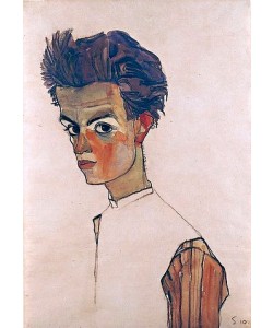 Egon Schiele, Selbstbildnis mit gestreiftem Hemd. 1910