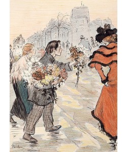 Théophile-Alexandre Steinlen, Straßenszene mit Blumenverkäufern. Eine von zwanzig Illustrationen für 'Autour Trottoir'.