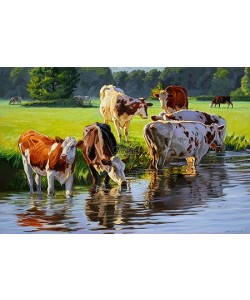 Jan van Hoff, Red and white Holstein cattle drinking from a stream