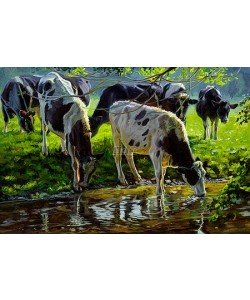 Jan van Hoff, Black and white Holstein cattle drinking from a stream