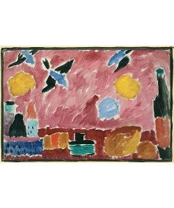 Alexej von Jawlensky, Mit roter Schwalbentapete (Stillleben mit Flasche, Brot und roter Schwalbentapete). 1915