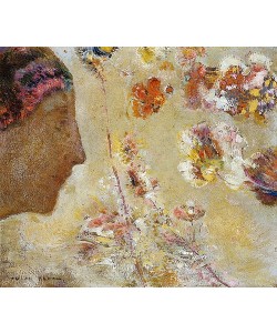 Odilon Redon, Frau im Profil mit Schmetterling und Blumen (Femme de Profil avec Papillon et Fleurs).