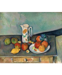 Paul Cézanne, Stillleben mit Milchkrug und Früchten auf einem Tisch. Um 1890