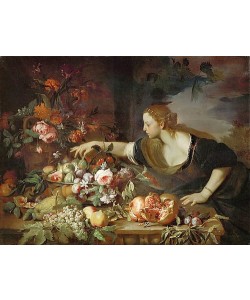 Abraham Brueghel, Frau mit Blumen und Früchten. 1669