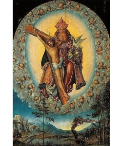LUCAS CRANACH Der Ältere, Die heilige Dreifaltigkeit in einer Engelsgloriole über einer Landschaft. Um 1515/18.