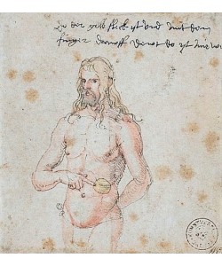 Albrecht Dürer, Selbstbildnis, krank.  Um 1509/11. Im oberen Teil beschriftet: ""Do der gelb fleck ist ond mit dem / finger drawff dewt do ist mir we""""
