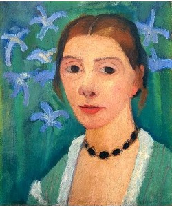Paula Modersohn-Becker, Selbstbildnis vor grünem Hintergrund mit blauer Iris. 1900-1907.