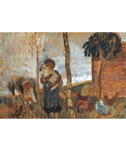 Paula Modersohn-Becker, Kinder und Hühner vor Landschaft. Um 1902.