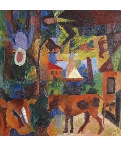 August Macke, Landschaft mit Kühen, Segelboot und Figuren. 1914.