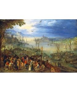 JAN BRUEGHEL DER ÄLTERE, Fischmarkt am Ufer eines Flusses. 1605.