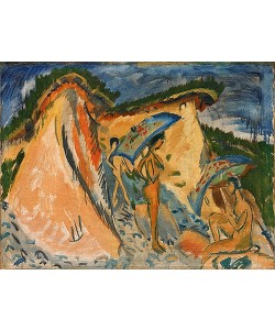 Ernst Ludwig Kirchner, Fehmarndüne mit Badenden unter Japanschirmen. 1913