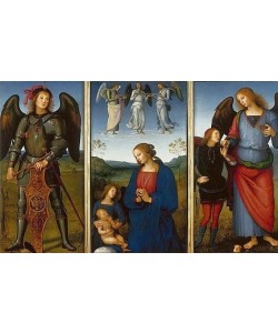 Perugino (Pietro Vanucci), Altartriptychon für Certosa di Pavia: Der Erzengel Michael, Maria mit Kind und Engeln und der Erzengel Raffael mit Tobias. Um 1496-1500