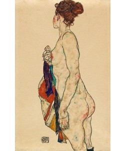 Egon Schiele, Stehender Akt mit gemustertem Gewand. 1917