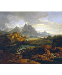 Carl Rottmann, Gebirgslandschaft mit fliehendem Hirsch (Um 1822)