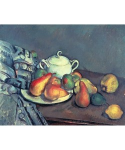 Paul Cézanne, Stilleben mit Zuckerdose, Birnen und Tischdecke.
