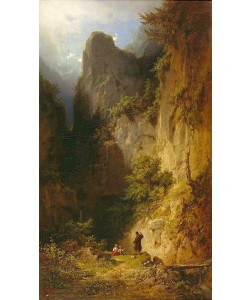Carl Spitzweg, Fischender Mönch mit Kindern in einer Felsschlucht.