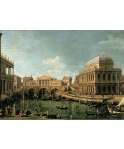 Giovanni Antonio Canaletto, Capriccio mit dem Ponte di Rialto in Venedig nach dem Entwu