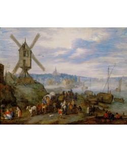 Jan Brueghel der Ältere, Seehafen mit Windmühle
